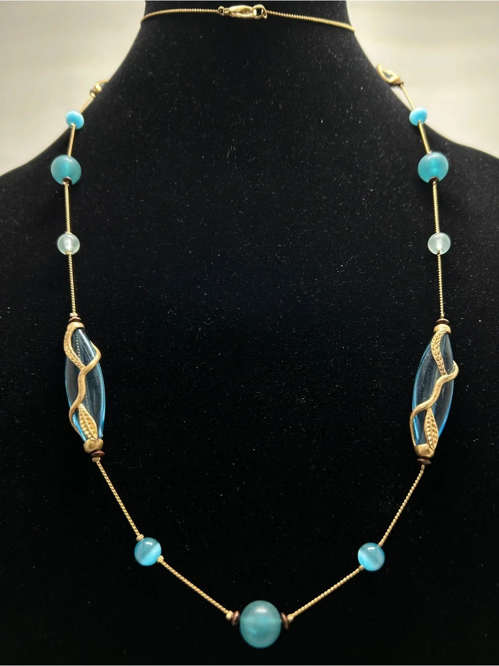 Vintage, Gold And Caged Clear Blue Lucite Beaded Long Necklace, 90’s